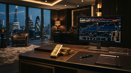 Despacho ejecutivo con vistas a la ciudad de noche y lingotes de oro sobre la mesa