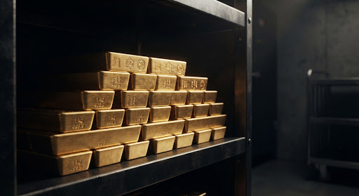 Lingotes de oro refinado apilados en una bóveda institucional de alta seguridad
